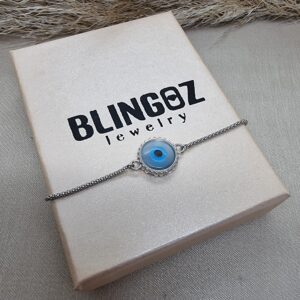 Blingoz Evil Eye 925 Silver Plated Bracelet for Luck and Protection (8 MM Coin Bracelets)