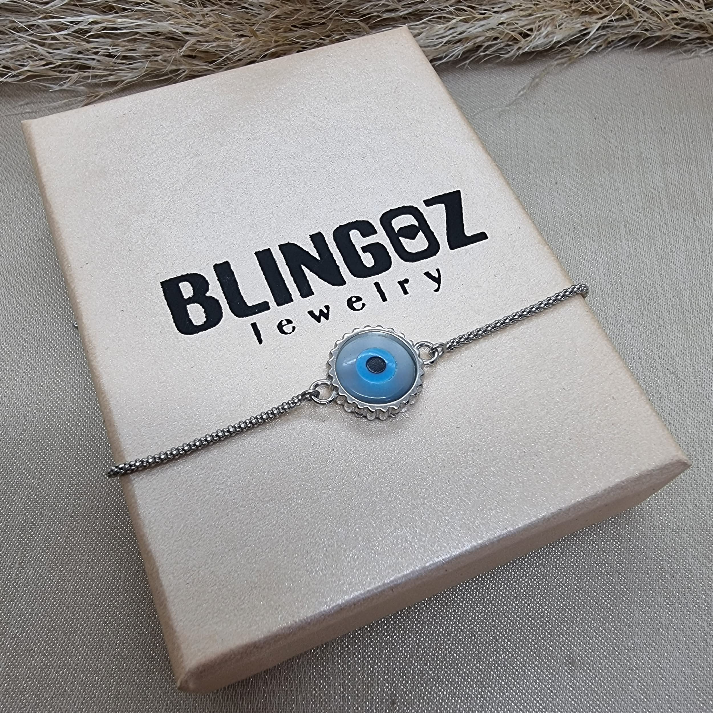 Blingoz Evil Eye 925 Silver Plated Bracelet for Luck and Protection (8 MM Coin Bracelets)