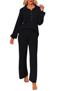 pink queen women's 2 piece workout set v neck button pullover sweater top wide leg pants loungewear sweatsuits black l