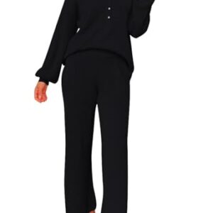 Pink Queen Women's 2 Piece Workout Set V Neck Button Pullover Sweater Top Wide Leg Pants Loungewear Sweatsuits Black L