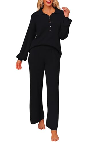 Pink Queen Women's 2 Piece Workout Set V Neck Button Pullover Sweater Top Wide Leg Pants Loungewear Sweatsuits Black L