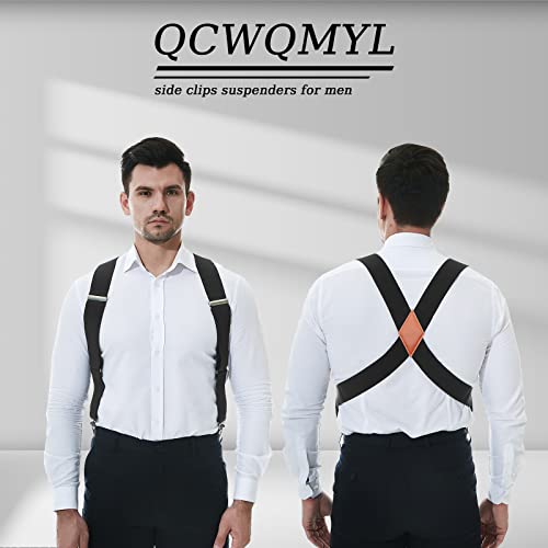 QCWQMYL Men's Trucker Side Clip Suspenders for Men Heavy Duty 2'' Wide X Style Big and Tall Black Suspenders Work Braces