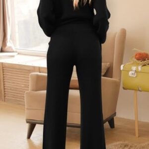 Pink Queen Women's 2 Piece Workout Set V Neck Button Pullover Sweater Top Wide Leg Pants Loungewear Sweatsuits Black L