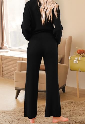 Pink Queen Women's 2 Piece Workout Set V Neck Button Pullover Sweater Top Wide Leg Pants Loungewear Sweatsuits Black L