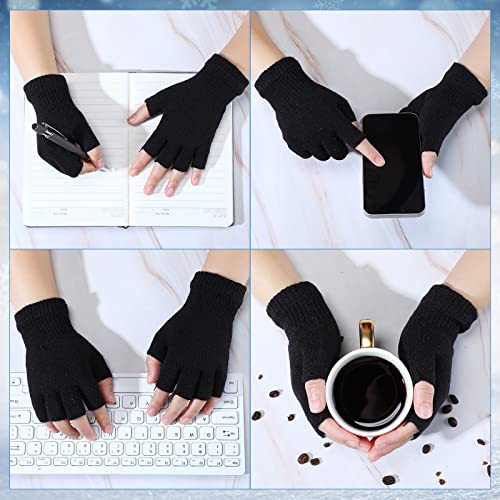 Handepo 24 Pairs Fingerless Gloves Winter Knit Gloves for Women Warm Half Finger Gloves Stretchy Gloves for Men (Black)