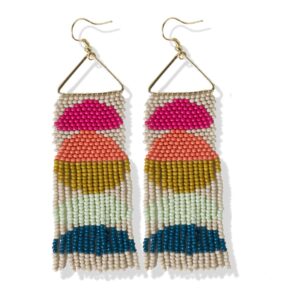 INK+ALLOY Women's Gloria 3.75- Inch Half Circles Fringe on Brass Triangle Beaded Dangle Earrings Handmade Jewelry for the Modern Bohemian (Rainbow)