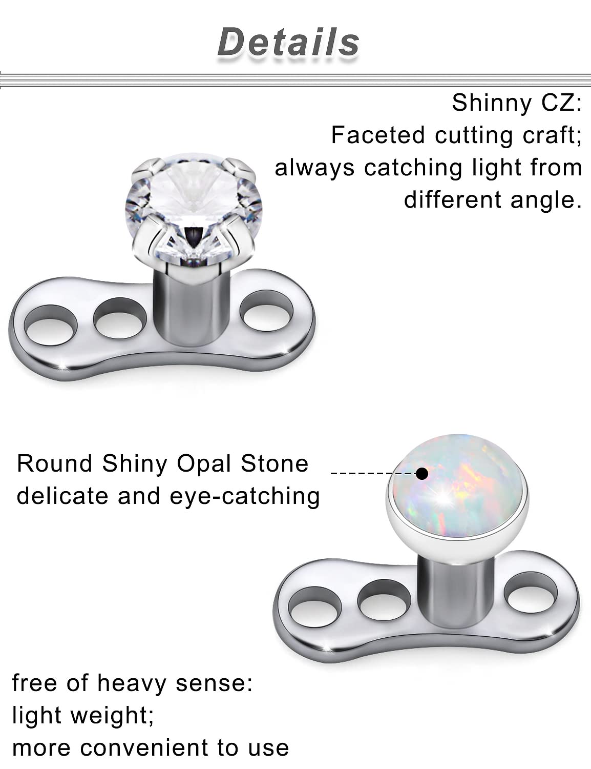 Ocptiy 14G G23 Titanium Dermal Piercing Jewelry Opal Dermal Top Dermal Piercing Base Kit Dermal Anchor Internally Threaded Stainless Surgical Steel Diamond Dermal Stud Piercing Ball Jewelry Women Men