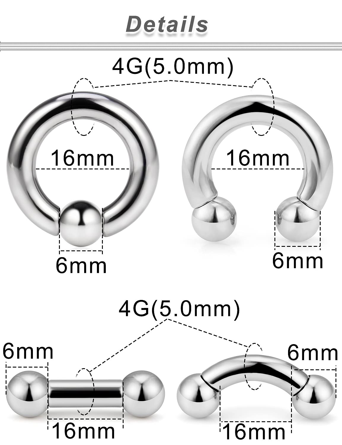 Ocptiy 4G Septum Ring Earrring Gauges Tunnel Plug Piercing stretching kit Big Large Septum Nose pincher Pa Ring Hoop Stainless Surgical Steel Cartilage Helix Tragus Earring Piercing Jewerly Women Men