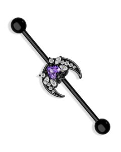 cocharm black moon industrial earrings 14g purple cz halloween industrial bar piercing spoooky industrial earring, halloween industrial piercing jewelry