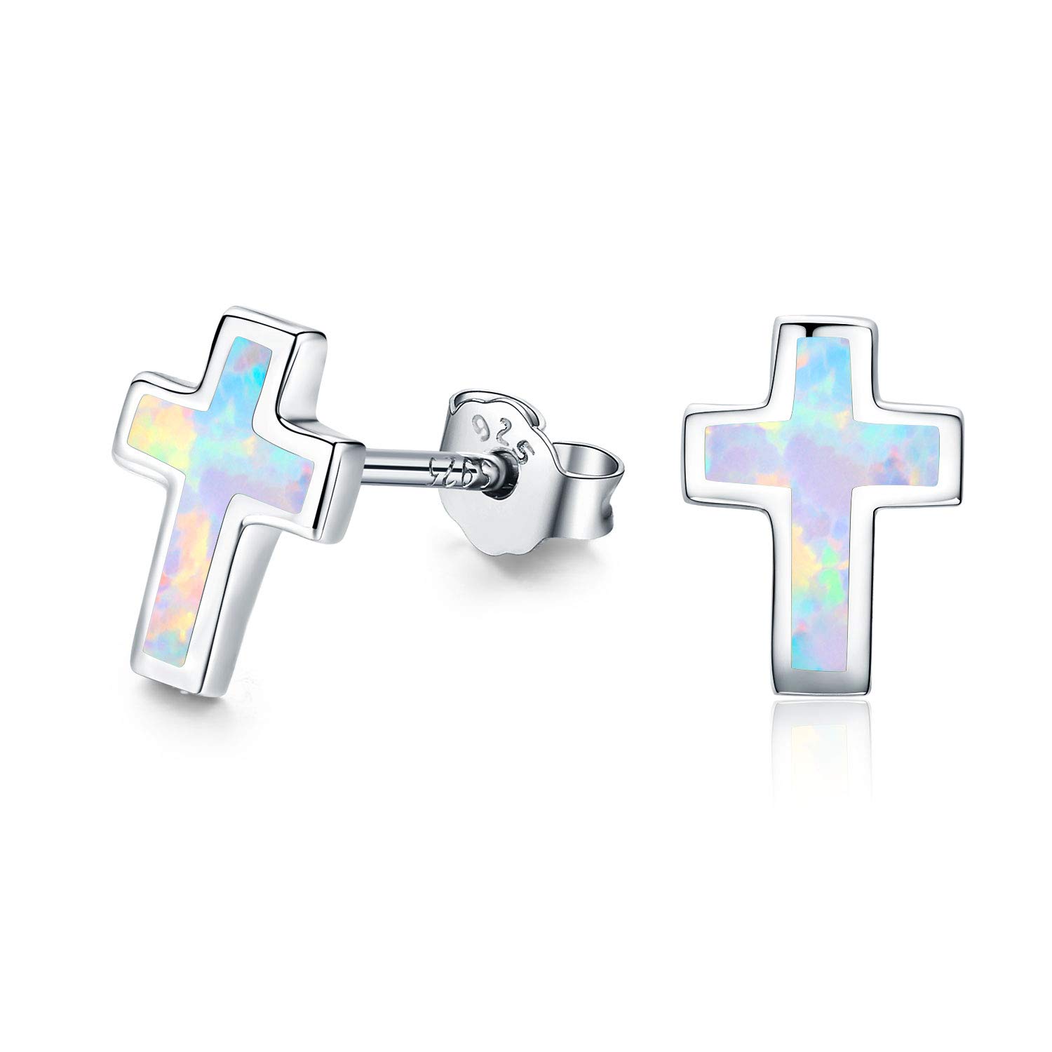 Opal Cross Stud Earrings, 925 Stertling Silver Hypoallergenic Anchor Stud Earrngs and Tiny Opal Cross Studs Jewelry Gifts for Women (Opal Earrings) (Cross)