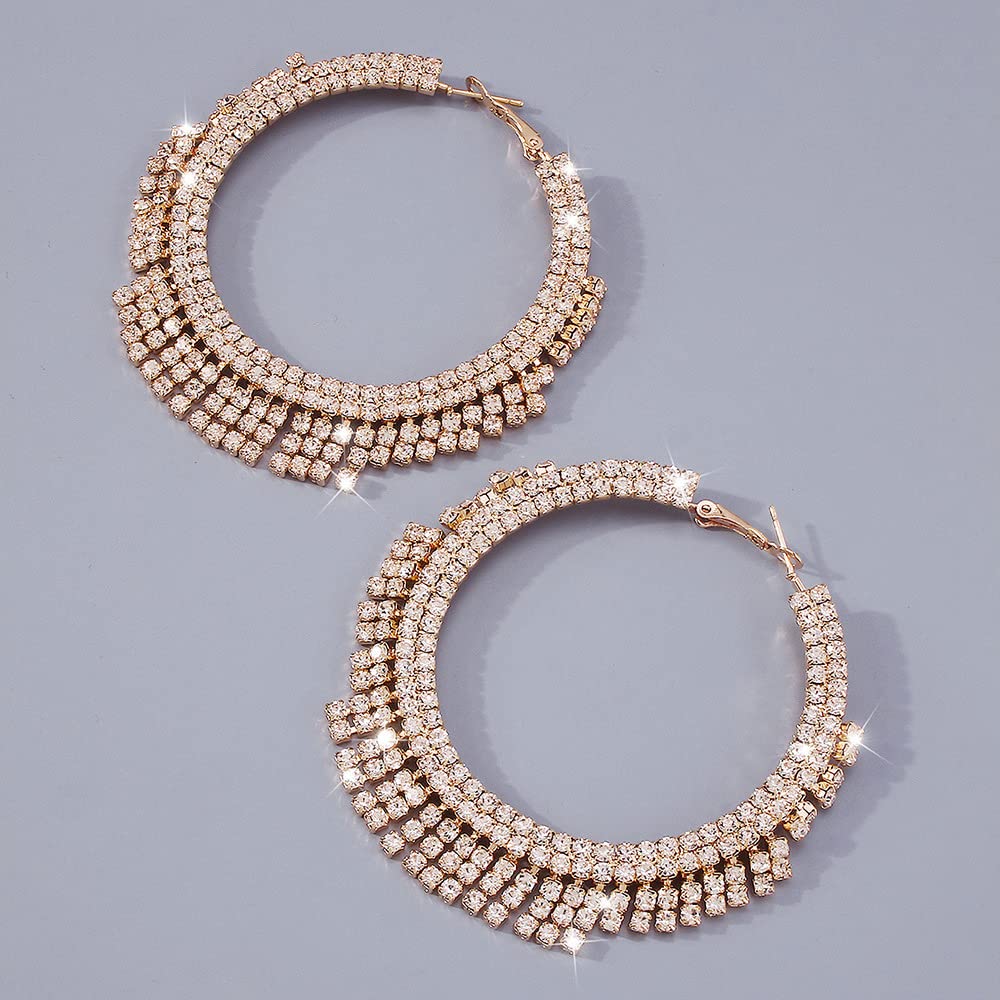 Jumwrit Large Rhinestone Hoop Earrings Big Round Circle Earrings Tassel Chain Dangle Earrings Statement Earrings for Women Girls（Gold）