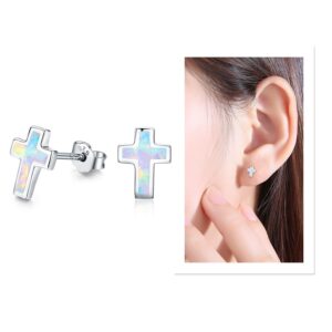 Opal Cross Stud Earrings, 925 Stertling Silver Hypoallergenic Anchor Stud Earrngs and Tiny Opal Cross Studs Jewelry Gifts for Women (Opal Earrings) (Cross)