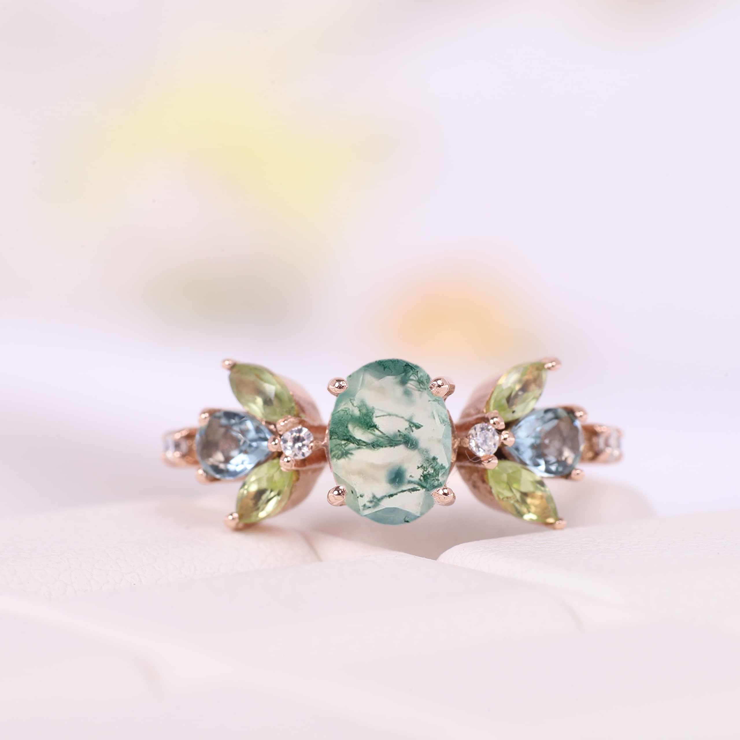 Moss Agate Cluster Ring Peridot Women Wedding Ring Art Deco Bridesmaid Jewelry Natural Stone Bridal Ring Gift For Wife BY KANISHKA GEMS JEWELS, Blue,Green