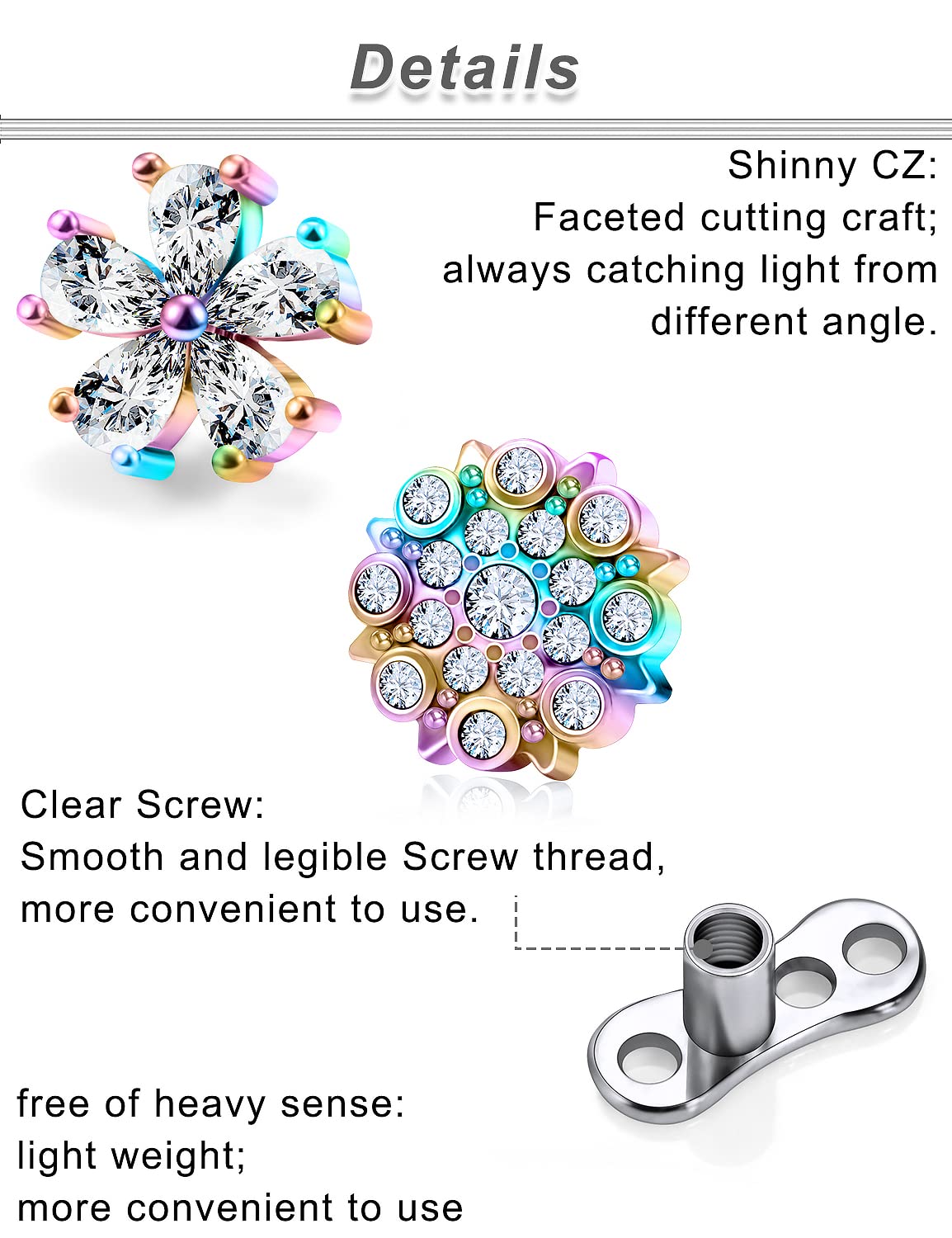 Ocptiy Dermal Piercing Jewelry Top Base Kit 14G G23 Titanium Dermal Anchor Internally Threaded Coloful Rainbow Diamond Dermal Replacement Stud Piercing Ball Jewelry Women Men