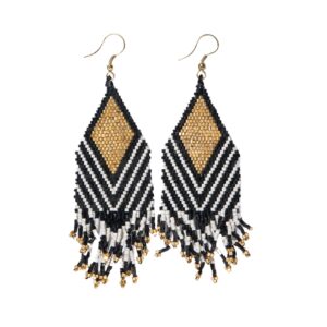 INK + ALLOY Beaded Boho Earrings for Women Dangling, Dottie Luxe Seed Bead Fringe Statement Art Deco Chandelier Earrings, Handmade Jewelry for the Modern Bohemian, 3.5-Inch Length (Black and Gold)