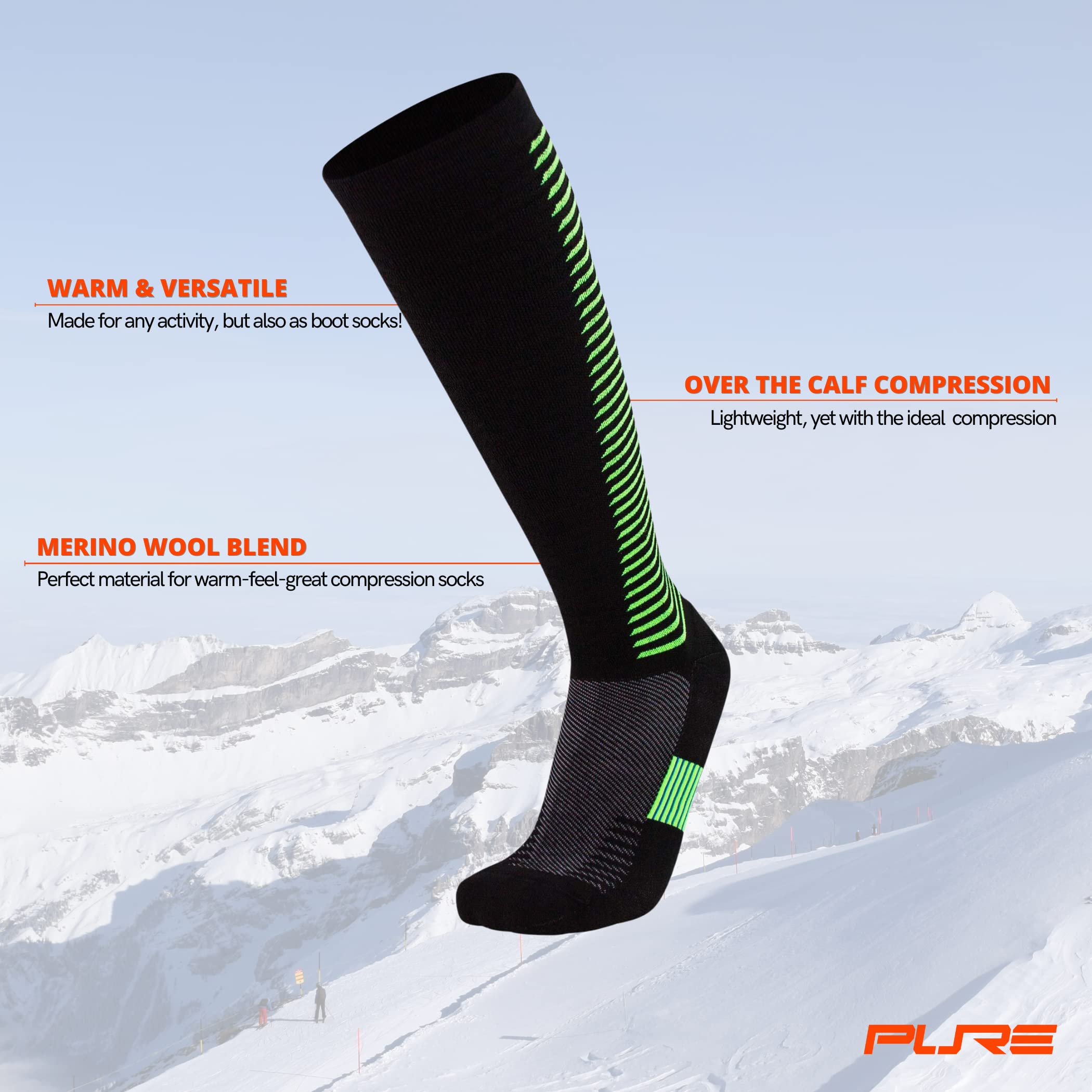 Pure Athlete Wool Compression Ski Socks - Ultra Compression Thermal Boot Socks for Skiing Hiking Hunting Cold Weather (Black/Neon Yellow, X-Large)