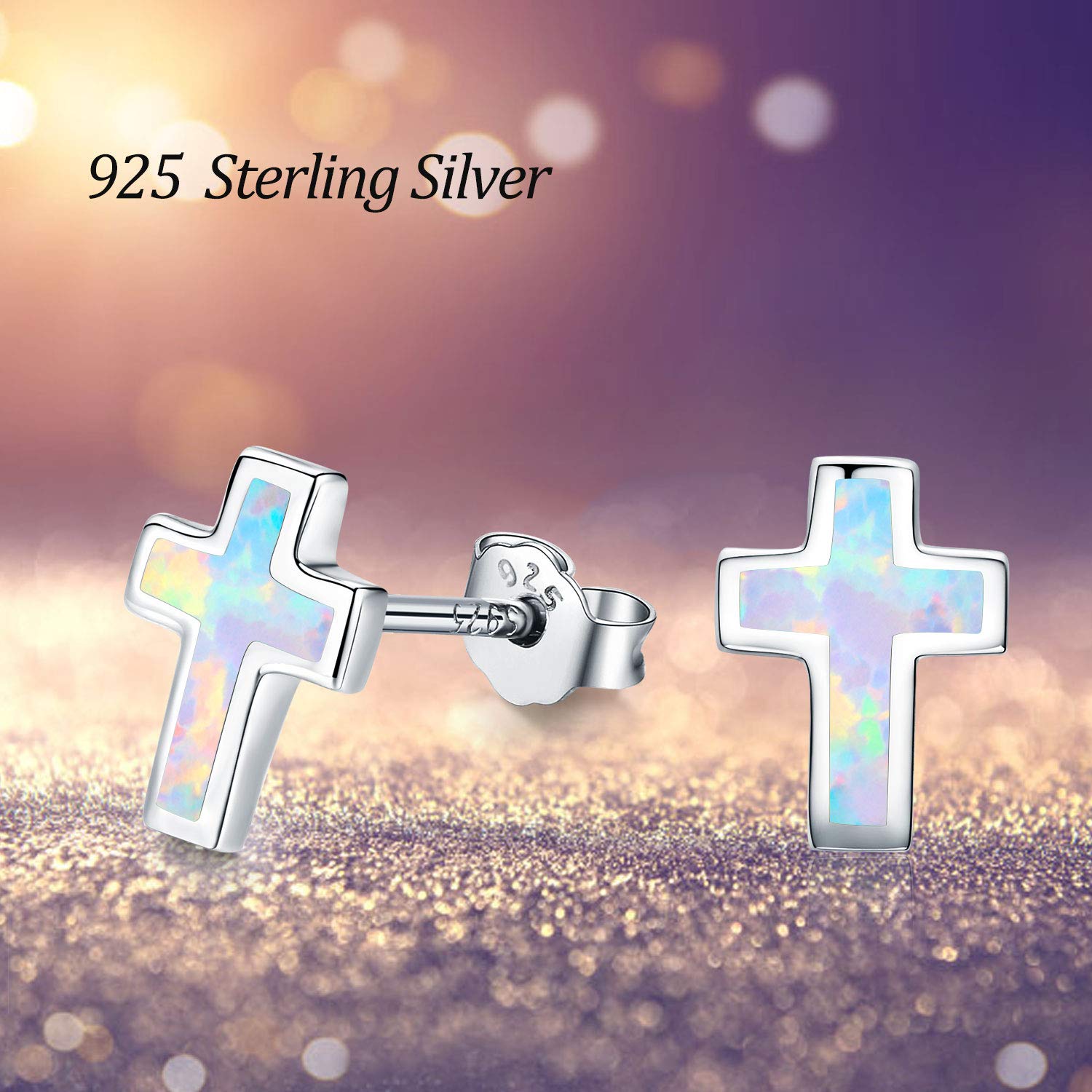 Opal Cross Stud Earrings, 925 Stertling Silver Hypoallergenic Anchor Stud Earrngs and Tiny Opal Cross Studs Jewelry Gifts for Women (Opal Earrings) (Cross)