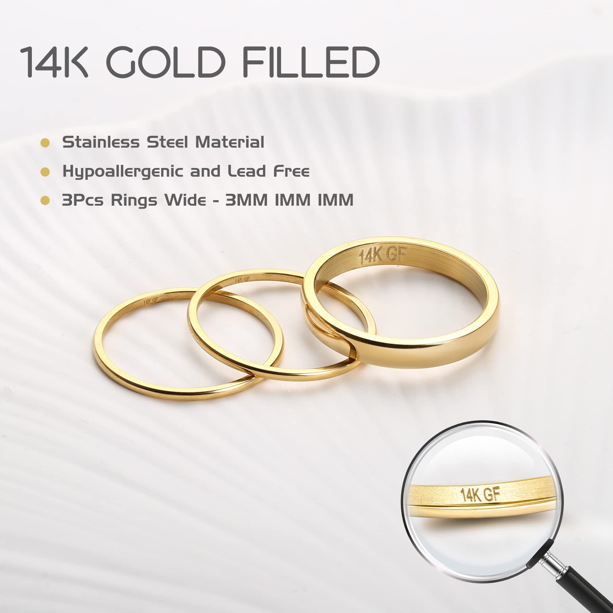 Jstyle 14K Gold Filled Rings for Women Stacking Rings Stackable Thin Gold Rings Simple Plain Pinky Thumb Statement Band Ring Comfort Fit 3Pcs 1mm 3mm Size 8