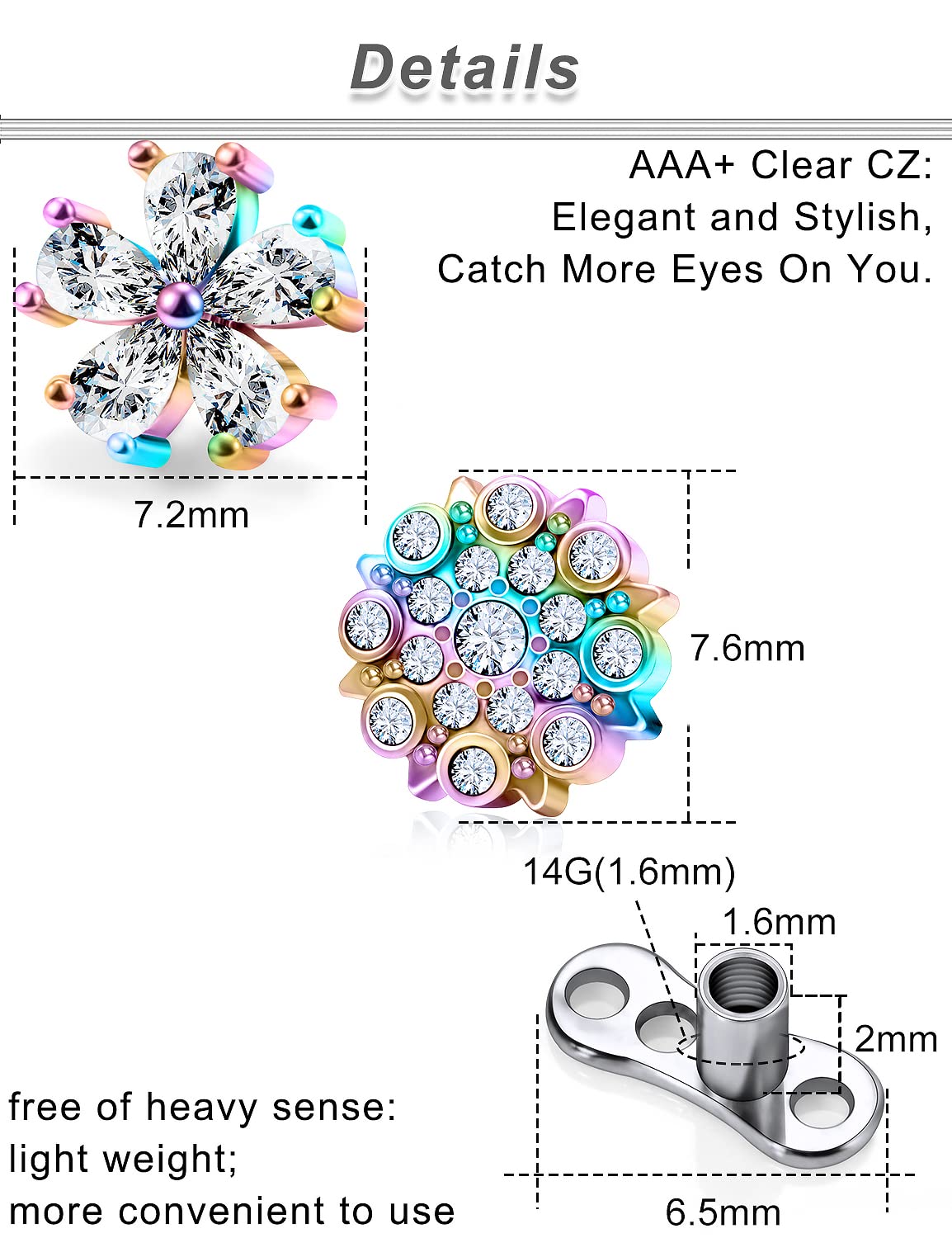 Ocptiy Dermal Piercing Jewelry Top Base Kit 14G G23 Titanium Dermal Anchor Internally Threaded Coloful Rainbow Diamond Dermal Replacement Stud Piercing Ball Jewelry Women Men