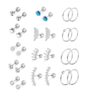 plomfov 13pairs 20g cartilage earrings for women men cz feather barbell earrings stainless steel cartilage hoop earring 16g tragus conch helix piercing jewelry silver tone