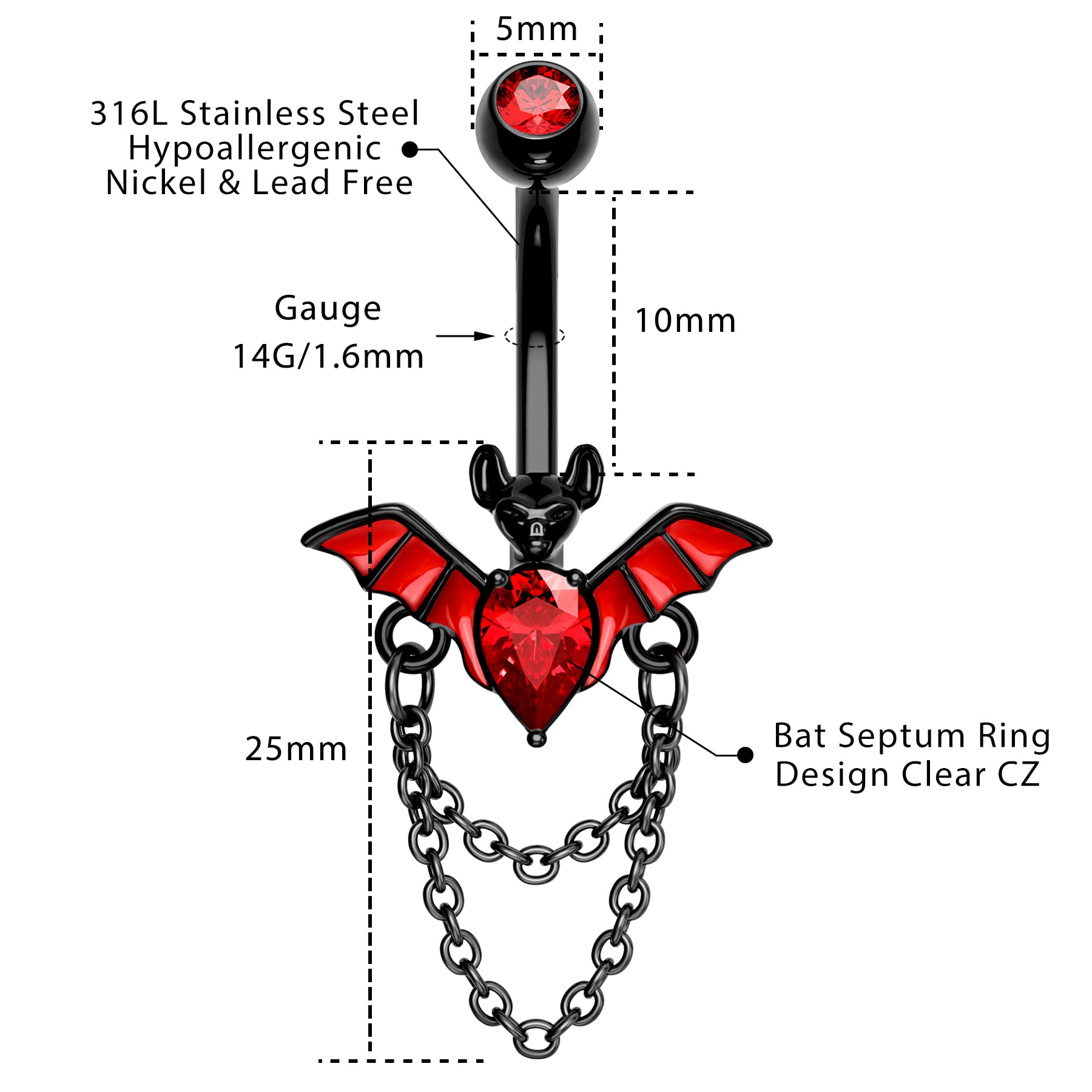 Melighting Bat Belly Button Rings 14G Halloween Belly Rings Stainless Steel 316L Clear Red CZ Black Belly Piercing Jewelry for Women