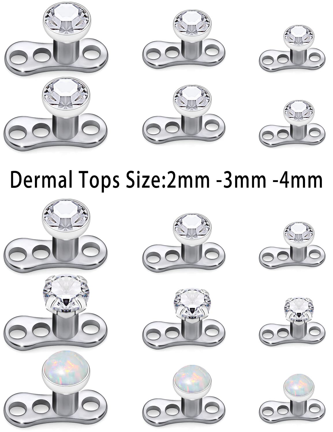 Ocptiy 14G G23 Titanium Dermal Piercing Jewelry Opal Dermal Top Dermal Piercing Base Kit Dermal Anchor Internally Threaded Stainless Surgical Steel Diamond Dermal Stud Piercing Ball Jewelry Women Men