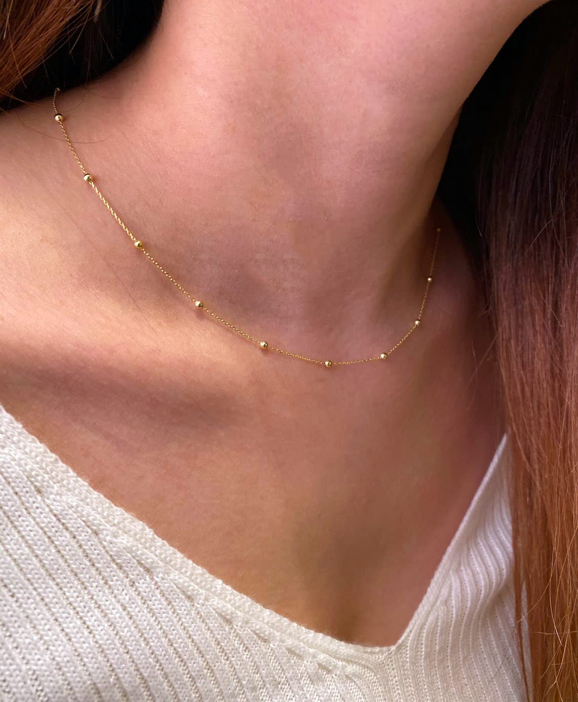 BERISO 14K Gold/Silver Plated Choker Necklace for Women Shining Dots Station Gold Chain Necklace Beads Sparkle Chain Necklace Link Chain Exquisite Jewelry for women