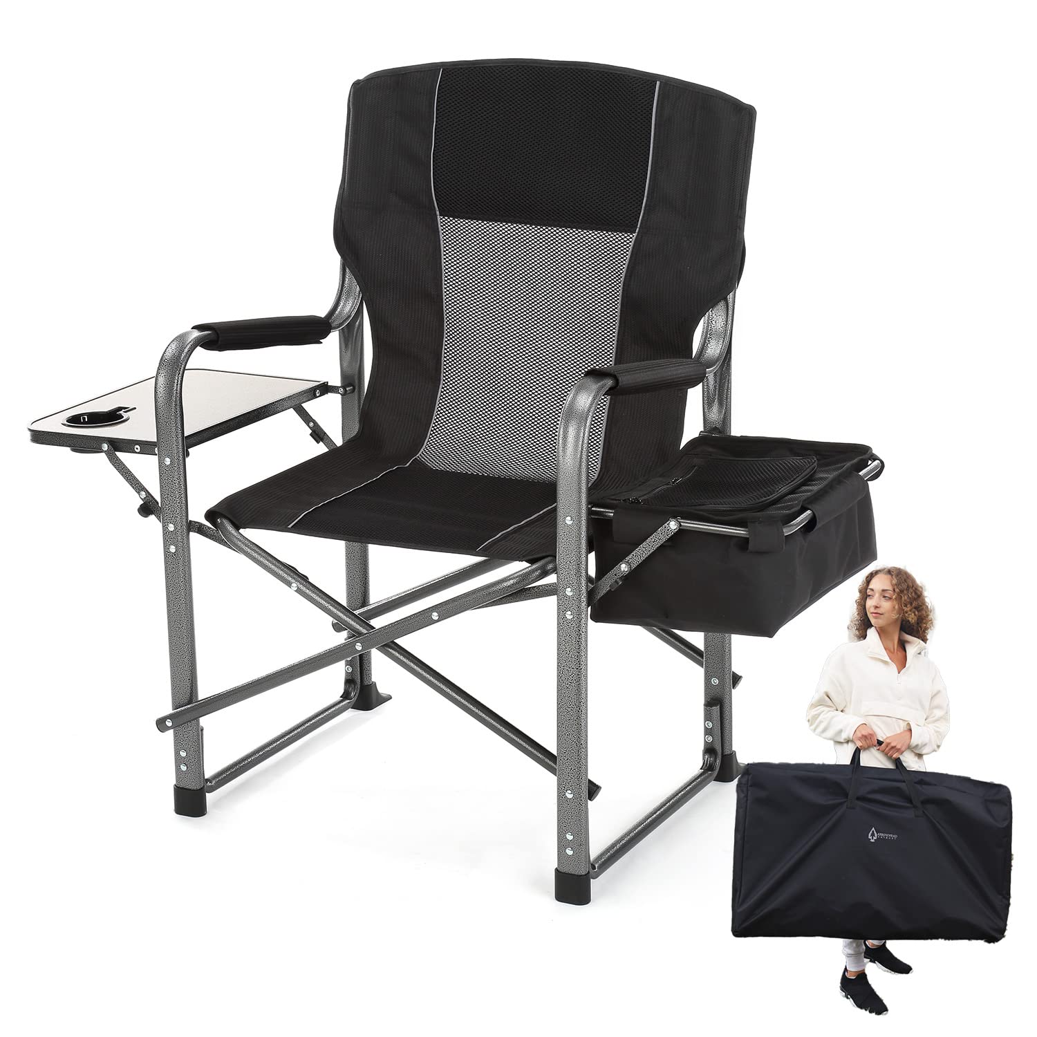 ARROWHEAD OUTDOOR Folding Director’s Chair w/Side Table & Integrated Cooler, Cup Holder, Storage Pouch, Supports up to 450lbs, Carrying Case, Steel Frame, High-Grade 900D Canvas, Black (KKS0292U)