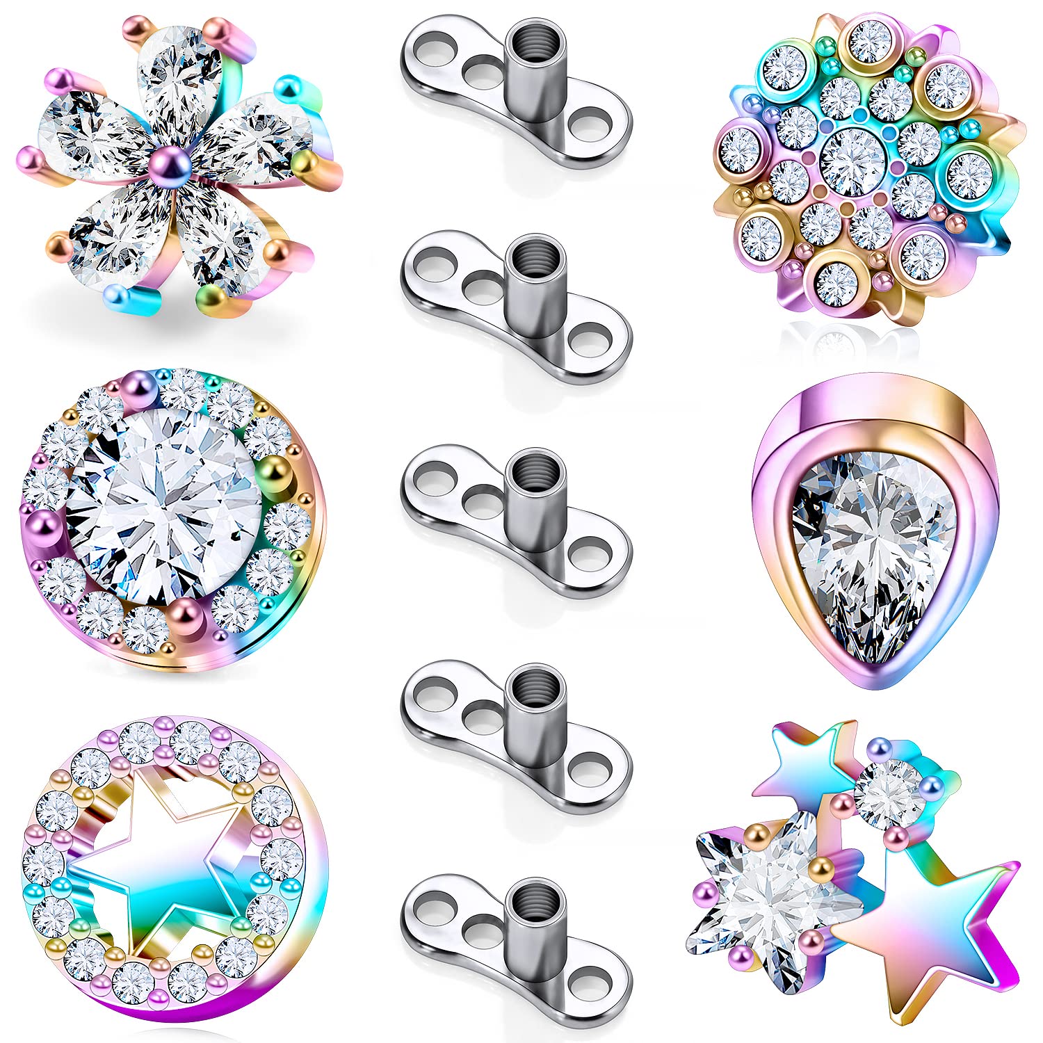 Ocptiy Dermal Piercing Jewelry Top Base Kit 14G G23 Titanium Dermal Anchor Internally Threaded Coloful Rainbow Diamond Dermal Replacement Stud Piercing Ball Jewelry Women Men