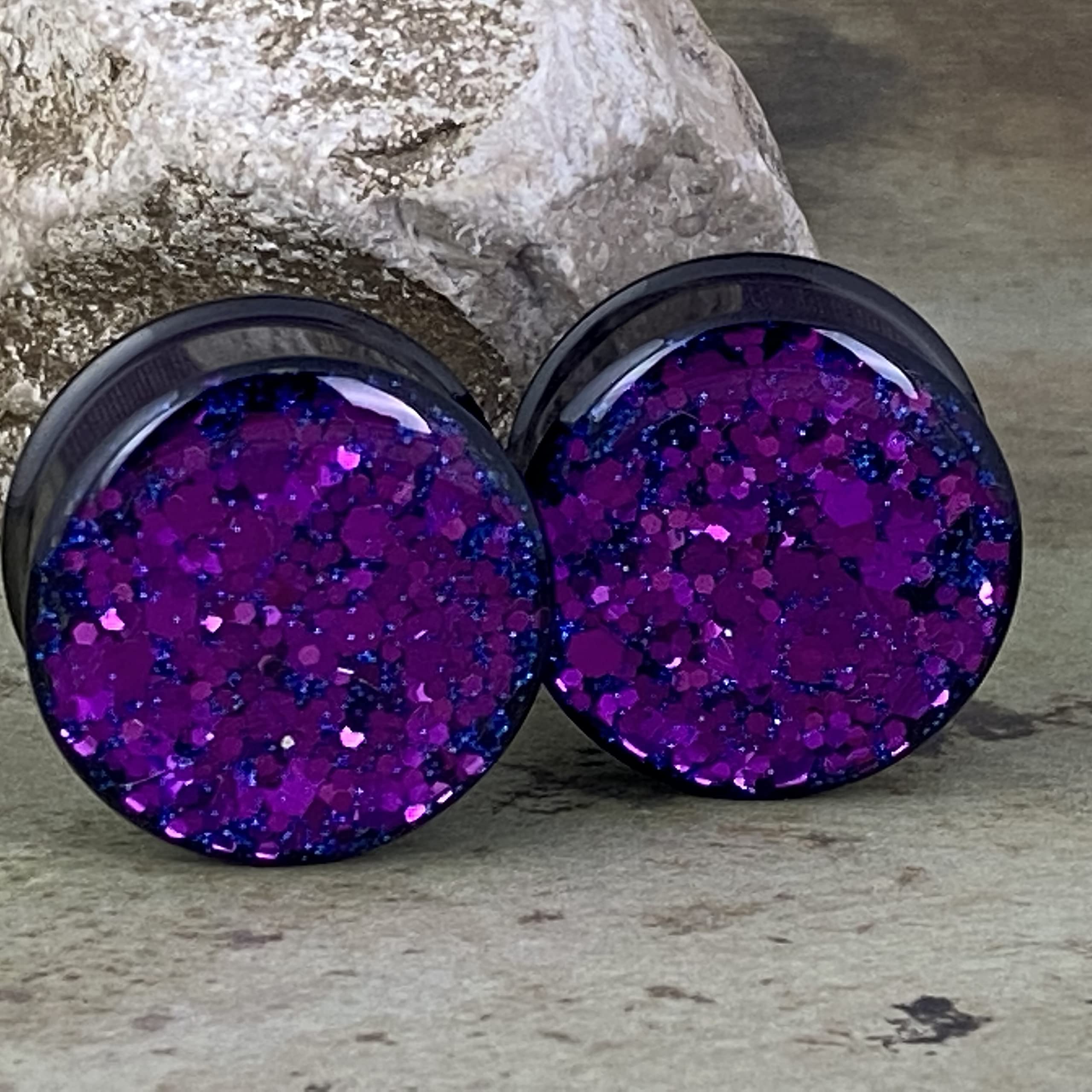 Mystic Metals Body Jewelry Pair of Black Steel Double Flare Plugs with Purple Chunky Glitter (MTO-041) (1-1/8" (28mm))