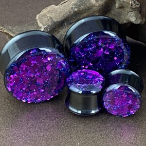 Mystic Metals Body Jewelry Pair of Black Steel Double Flare Plugs with Purple Chunky Glitter (MTO-041) (1-1/8" (28mm))