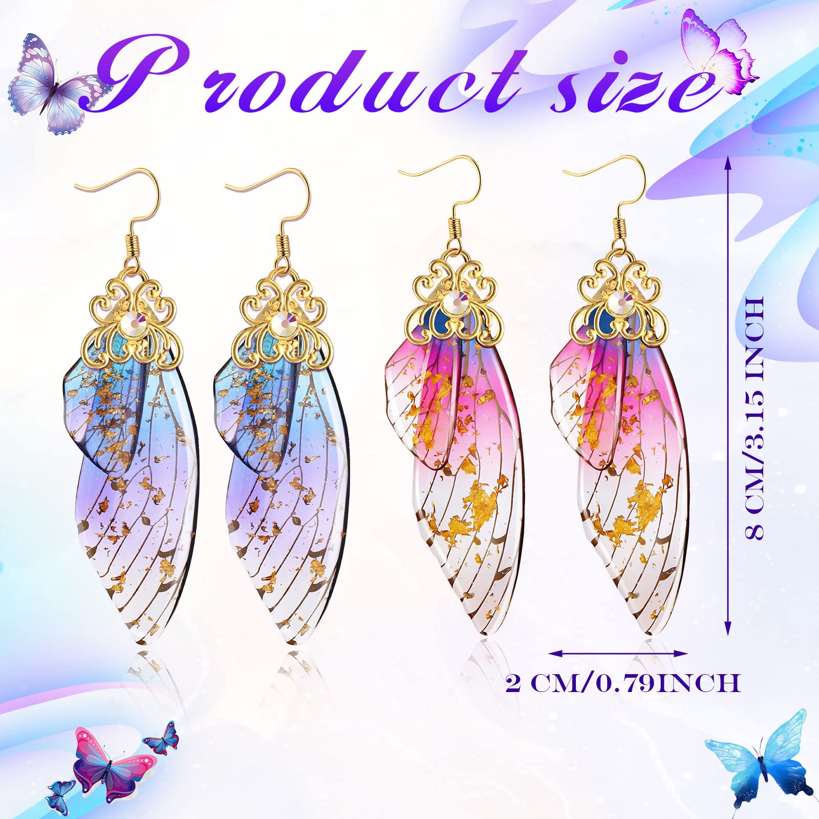 Fumete Butterfly Wing Drop Earrings, 10 Pairs, Alloy, Gold Foil, Lightweight, Summer Collection, Wedding, Formal, Special Occasions