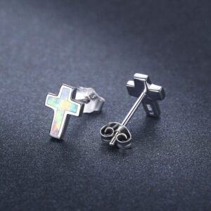 Opal Cross Stud Earrings, 925 Stertling Silver Hypoallergenic Anchor Stud Earrngs and Tiny Opal Cross Studs Jewelry Gifts for Women (Opal Earrings) (Cross)