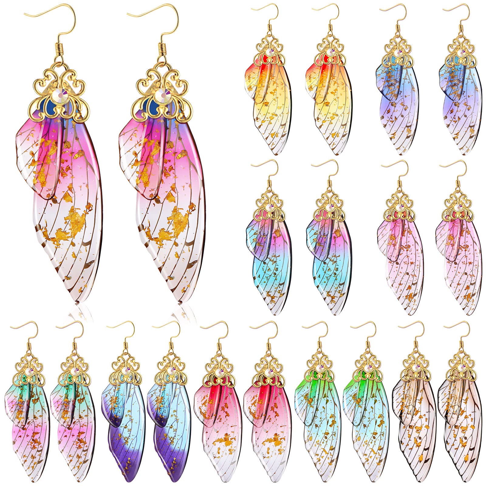 Fumete Butterfly Wing Drop Earrings, 10 Pairs, Alloy, Gold Foil, Lightweight, Summer Collection, Wedding, Formal, Special Occasions