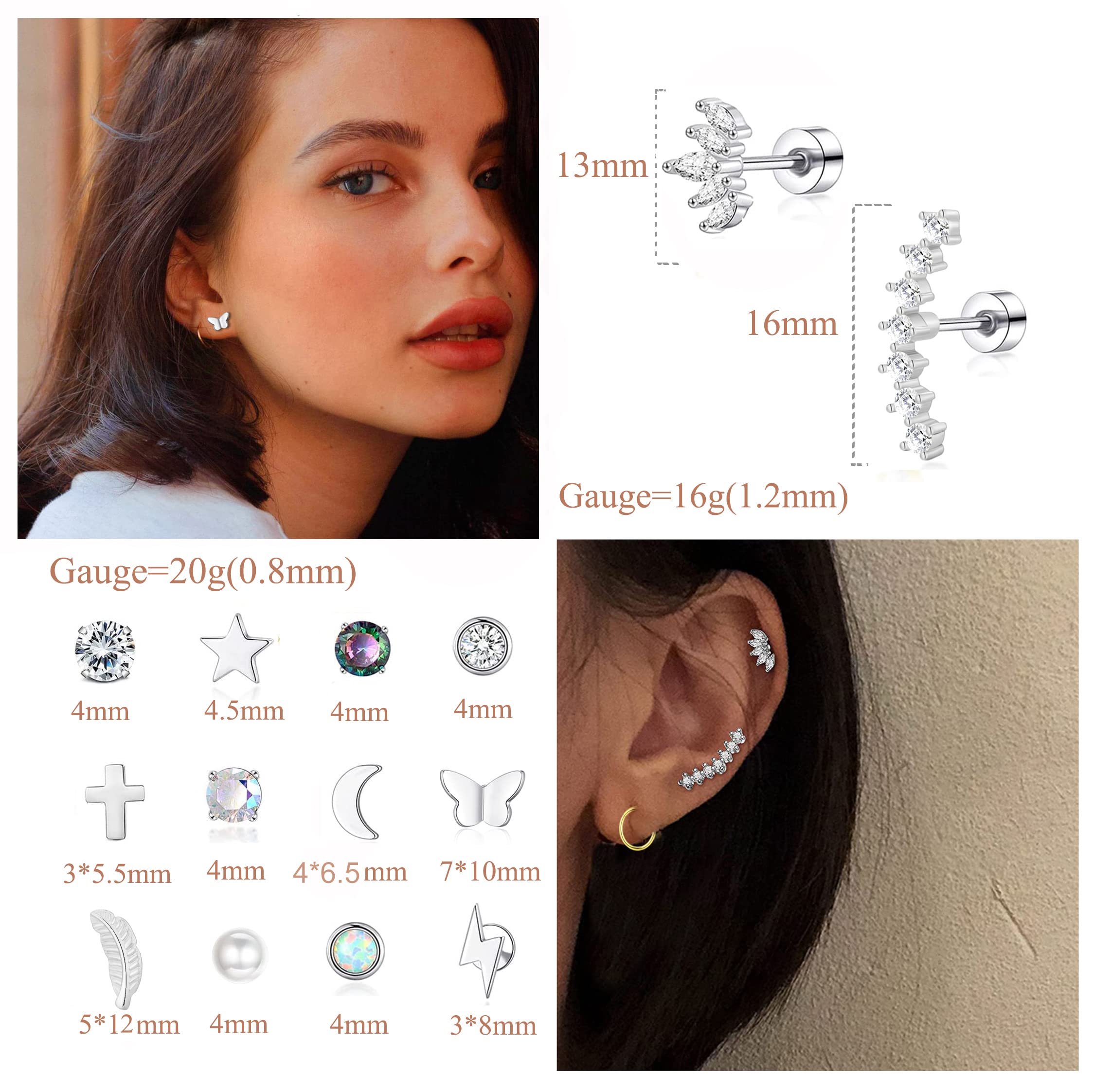 PLOMFOV 20G Stainless Steel Stud Earrings Set for Women Men CZ Leaf Heart Star Moon Butterfly Flat Back Earrings Cartilage Earrings Stud Hoops 16G Helix Tragus Earrings Piercing Jewelry Silver Tone