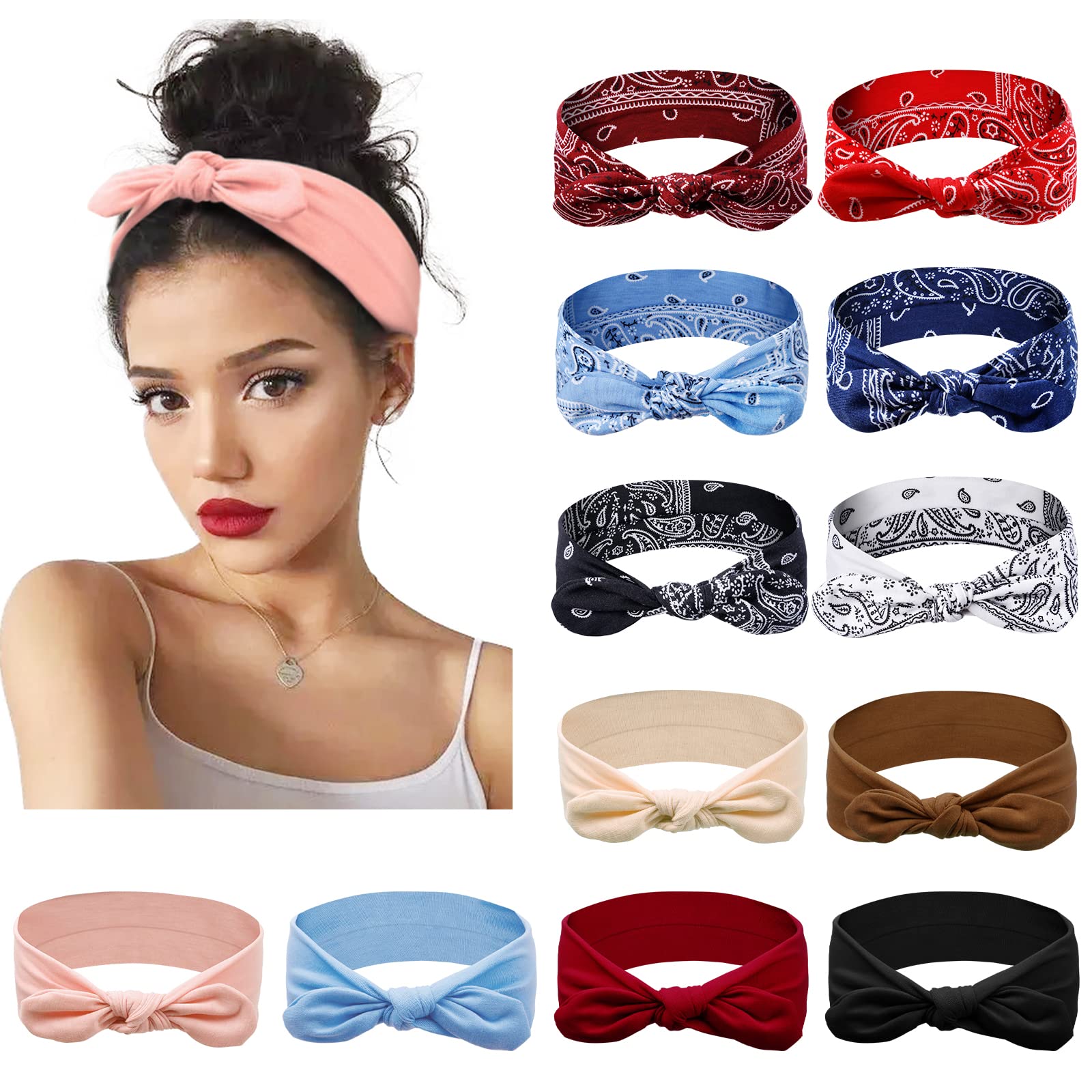 Huachi 12 Pack Bow Headbands for Women Elastic Headwraps Hair Band Knotted Headband Rabbit Ears Turban Head Band Fashion Sport Cute Hair Accessories