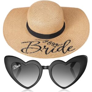 2 pcs bride sun hat heart sunglasses set bachelorette gifts for wedding bridal shower party decoration favors (khaki and black)