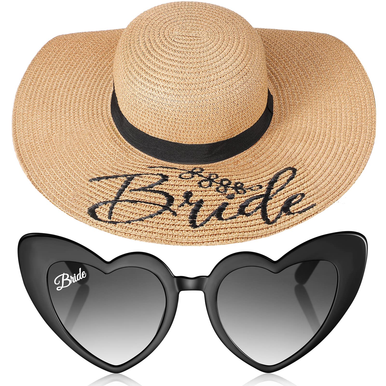 2 Pcs Bride Sun Hat Heart Sunglasses Set Bachelorette Gifts for Wedding Bridal Shower Party Decoration Favors (Khaki and Black)