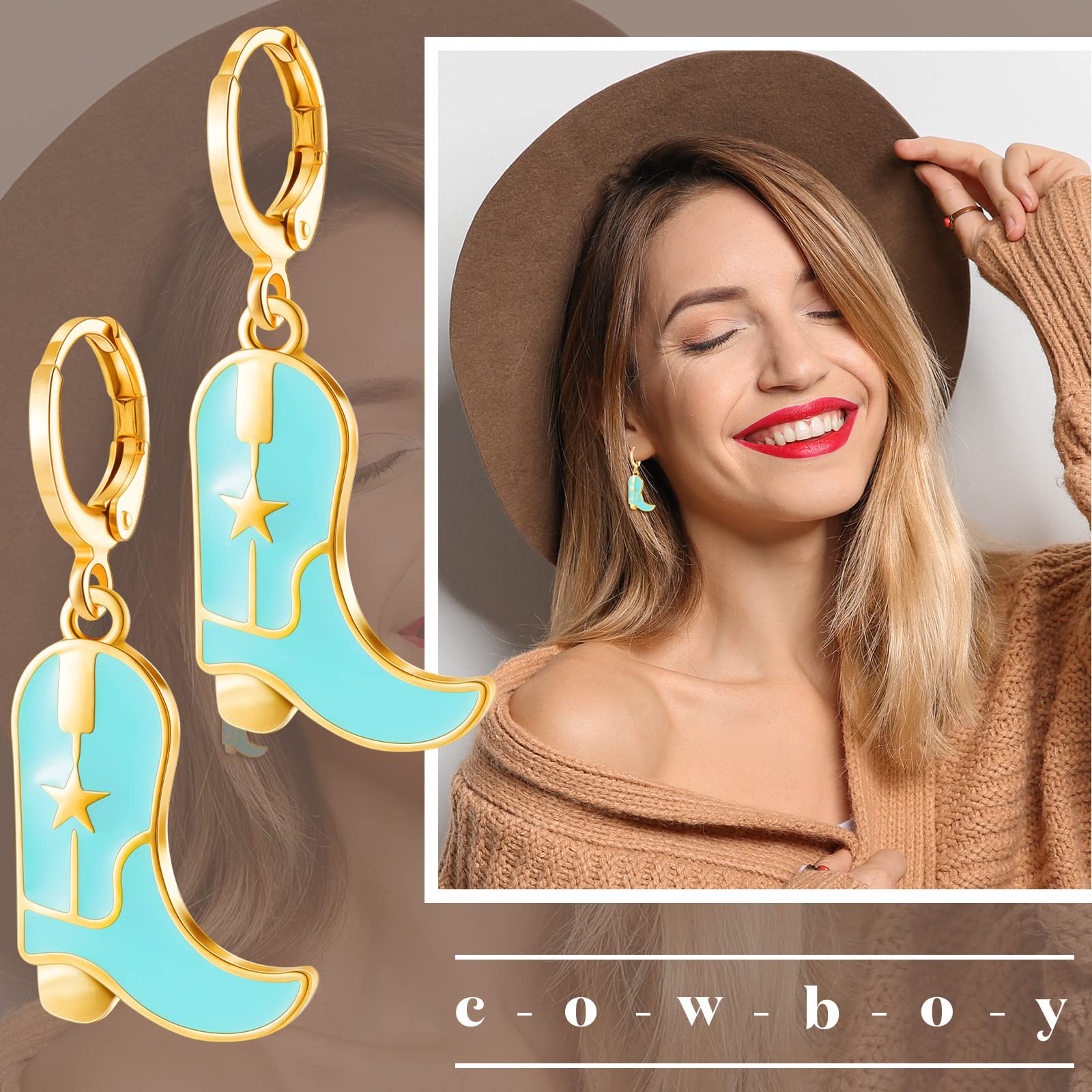 Henoyso 9 Pairs Cowboy Boot Earrings Cowgirl Dangling Earring Country Hat Earrings Cute Western Cowboy Dangle Drop Earrings Western Style Earrings for Women Teens Western Party Gifts