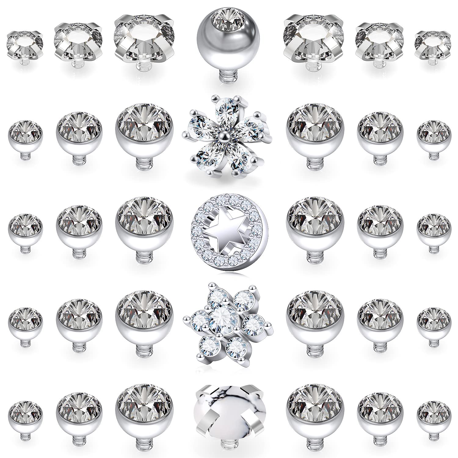 Ocptiy Dermal Piercing Jewelry Tops Kit 14G G23 Titanium Dermal Anchor Internally Threaded Stainless Surgical Steel Flower Heart Diamond Dermal Replacement Ring Stud Piercing Ball Jewelry Women Men