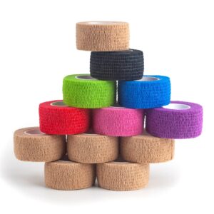 yaxeon self adhesive bandage wrap| 12 rolls 1" x 5 yards vet tape, medical tape,athletic tape,elastic cohesive bandage for sports injury,stretch athletic,ankle,(mix color)