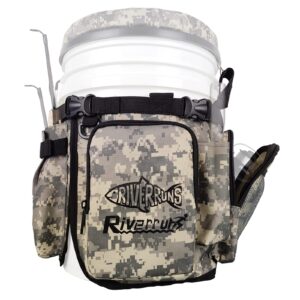 riverruns camouflage fishing general fishing bucket tool organizer, multiple pockets, adjustable bucket caddy tackle bag for 5-gallon bucket, bucket and other fishing gears not included