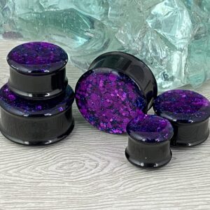 Mystic Metals Body Jewelry Pair of Black Steel Double Flare Plugs with Purple Chunky Glitter (MTO-041) (1-1/8" (28mm))