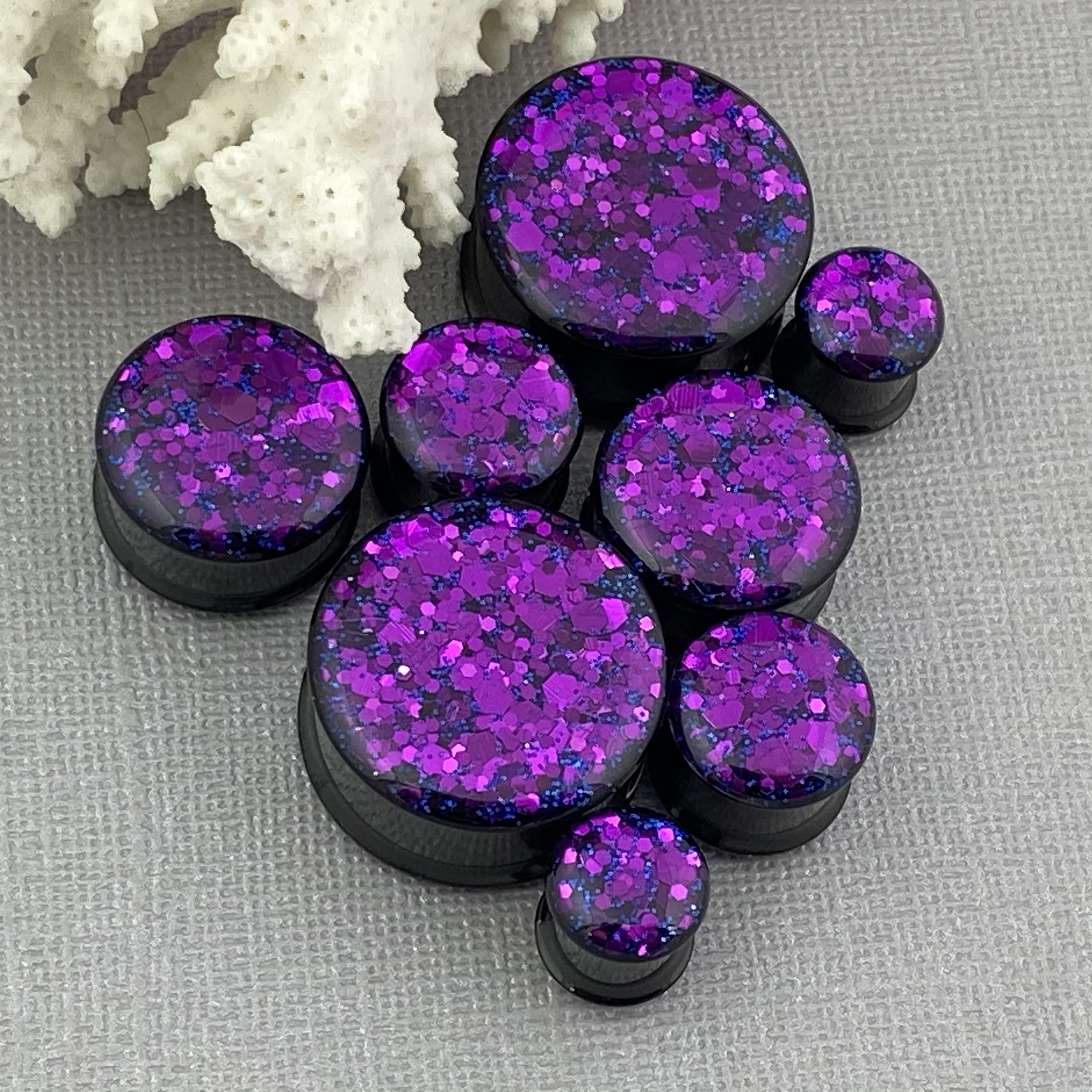 Mystic Metals Body Jewelry Pair of Black Steel Double Flare Plugs with Purple Chunky Glitter (MTO-041) (1-1/8" (28mm))