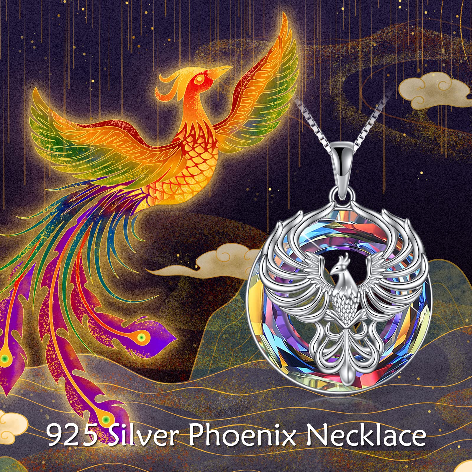 YAFEINI Phoenix Necklace Sterling Silver Crystal Phoenix Pendant Firebird Jewelry Gift for Women