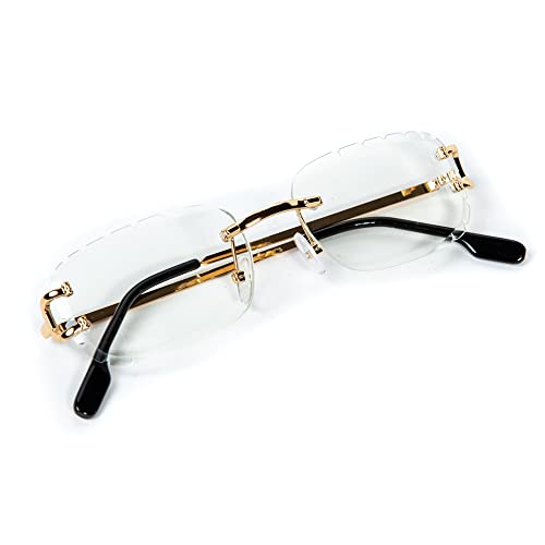 Street Knitted Rectangle Unisex Frameless Gold Wire Frame Luxury Trendy Gem Cut Retro 90's Rimless Clear Lens Hip Hop Diamond Cut Square Eye Glasses For Men Women