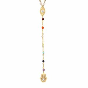 KARMA AND LUCK - Spiritual Resilience - Women's 18K Gold Plated Genuine Stones Rosary Necklace Lariat Necklace with Hamsa & Evil Eye Symbol handmade in Bali. Length: 22" + 3.5". (Moonstone)