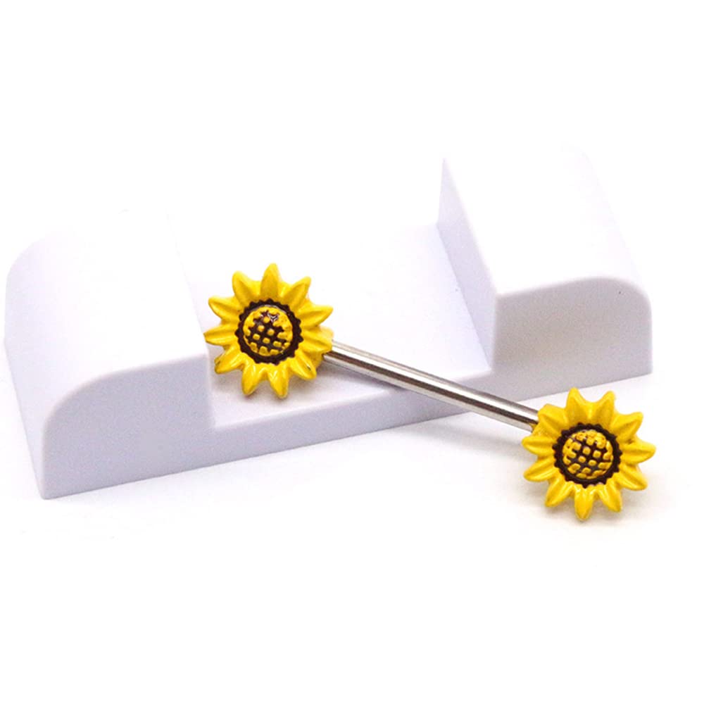 14G Sunflower Nipple Rings Stainless Steel Yellow Flower Nipple Tongue Ring Barbell Piercing Nipplerings Body Piercing Jewelry Gifts for Women