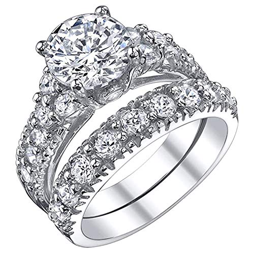 2PCS Simulated Diamond Ring for Women Wedding Rings for Bride Engagement Ring (Silver, 9)