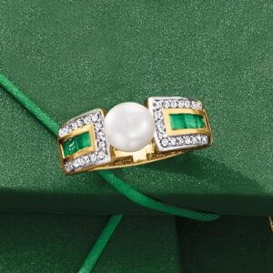 Ross-Simons 6.5-7mm Cultured Button Pearl, 40 ct. t.w. Emerald and .20 ct. t.w. White Topaz Ring in 18kt Gold Over Sterling. Size 6